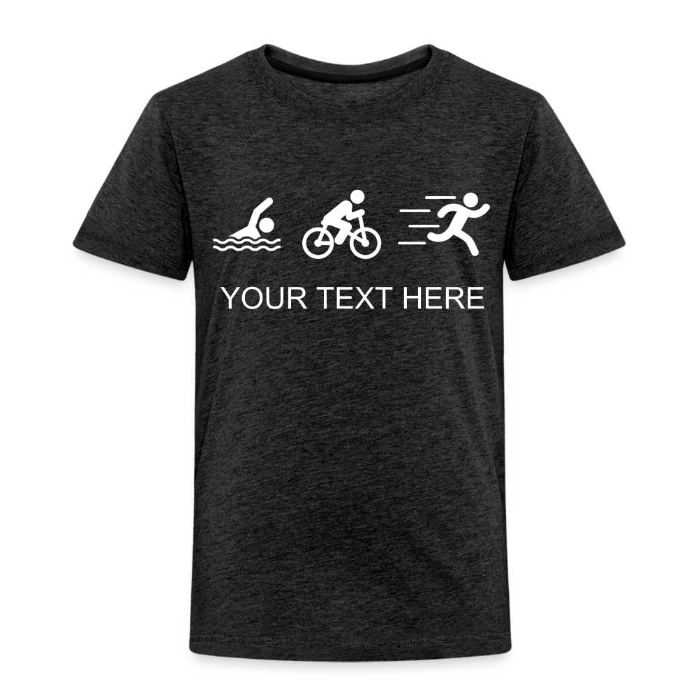 Toddler Swim Bike Run Triathlon T-Shirt with Personalized Design - charcoal grey