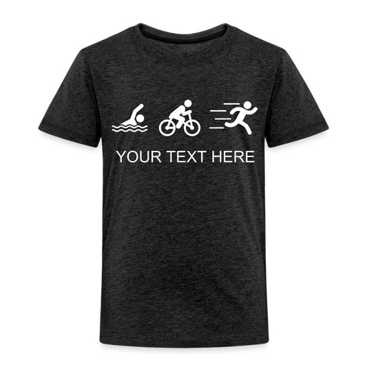 Toddler Swim Bike Run Triathlon T-Shirt with Personalized Design - charcoal grey